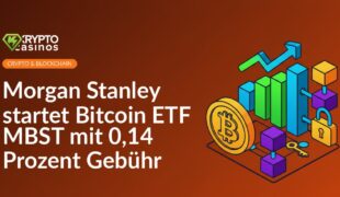 Morgan Stanley-Logo neben Bitcoin-Symbol auf blauem Hintergrund mit steigenden Kursdiagrammen und Euroscheinen unten rechts.