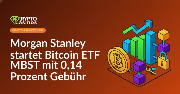 Morgan Stanley-Logo neben Bitcoin-Symbol auf blauem Hintergrund mit steigenden Kursdiagrammen und Euroscheinen unten rechts.