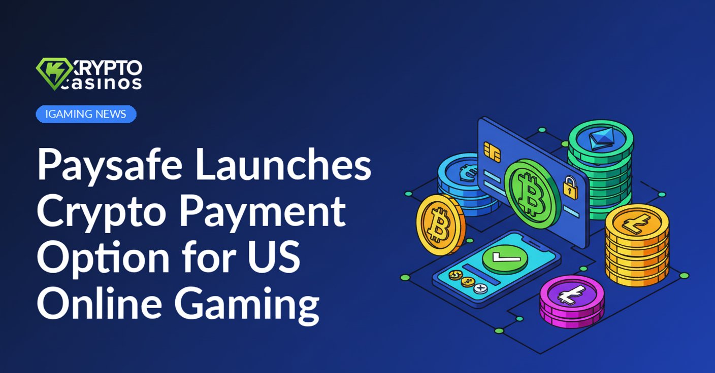 Hand holding smartphone displaying Paysafe logo with floating cryptocurrency icons and gaming controllers on blue background.