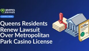 Courthouse building beside an official certificate with approval stamp and a stack of legal documents marked with a red exclamation mark.