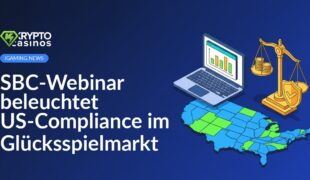 Laptop mit Webinar, US-Karte mit markierten Bundesstaaten, Waage und Schild mit Justizsymbol in Vordergrund