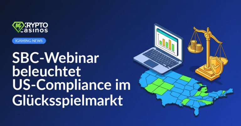 Laptop mit Webinar, US-Karte mit markierten Bundesstaaten, Waage und Schild mit Justizsymbol in Vordergrund