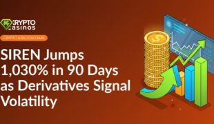 Stack of gold coins with a red upward arrow, spiking bar chart, and financial dashboard screen with data graphs.