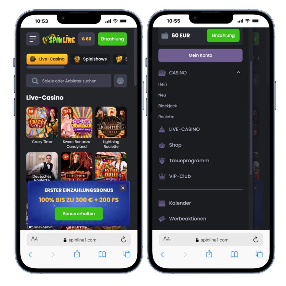Screenshot vom mobilen Spinline Casino