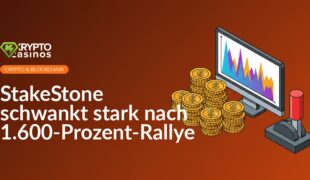 Volatiles Balkendiagramm auf Bildschirm, gestapelte Goldmünzen daneben, großer mechanischer Hebel im Vordergrund.