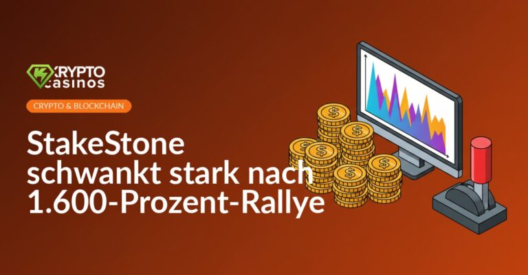 Volatiles Balkendiagramm auf Bildschirm, gestapelte Goldmünzen daneben, großer mechanischer Hebel im Vordergrund.