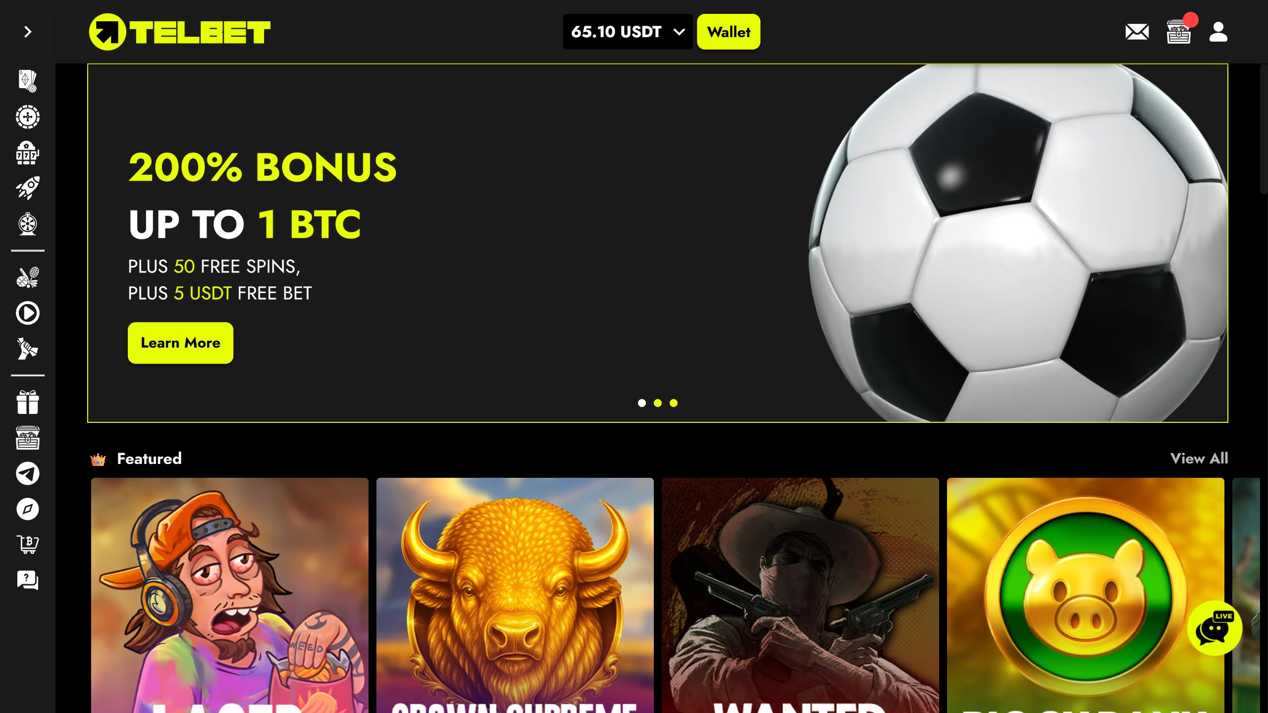 screenshot of Telbet casino showing the bonus banner and game lobby