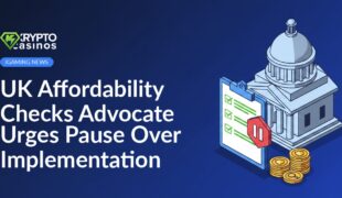 Government building beside a clipboard with a checklist and pause symbol, coins with shield and magnifying glass overlayed