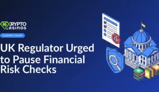 Checklist document with pause symbol, shield with magnifying glass, and government building with stacked reports on either side