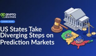 Courthouse with gavel, U.S. map split into two colored halves with contrasting shields, and a balance scale.