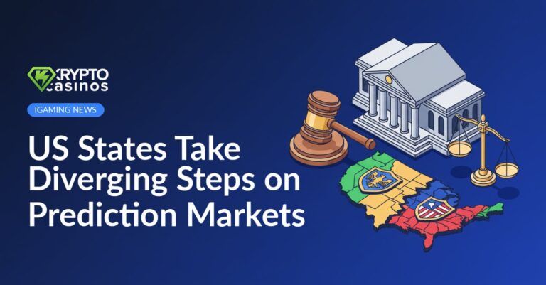 Courthouse with gavel, U.S. map split into two colored halves with contrasting shields, and a balance scale.