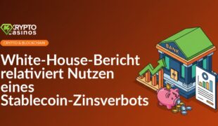 Bankgebäude mit aufsteigendem Pfeil, offizieller Bericht mit Balkendiagramm, zerbrochene Sparbüchse und verstreute Münzen.