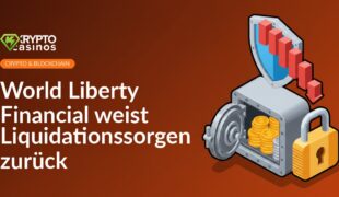 Tresor mit gestapelten Münzen, schweres Vorhängeschloss, Schild blockiert fallendes Balkendiagramm im Hintergrund.