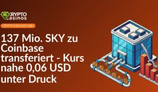 Stapel digitaler Token in Pipeline vor moderner Börse, rotes sinkendes Balkendiagramm im Hintergrund