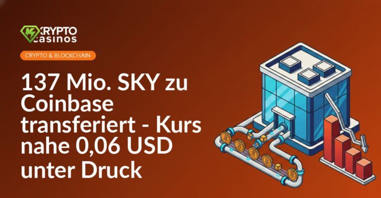 Stapel digitaler Token in Pipeline vor moderner Börse, rotes sinkendes Balkendiagramm im Hintergrund
