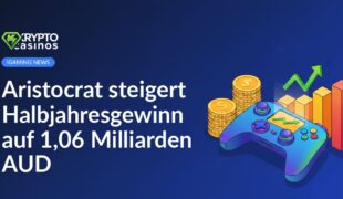 Spielcontroller vor Bildschirm mit aufsteigendem Diagramm, gestapelte australische Münzen und bunte Balkendiagramme.