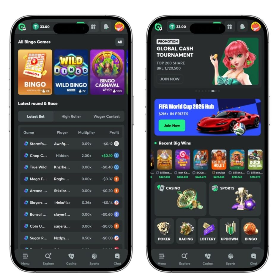 screenshot of BC Game casino mobile view showing bingo games and tournaments