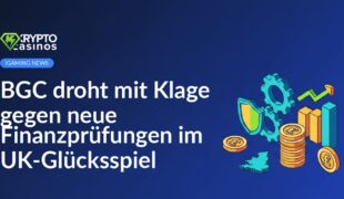 Logo der British Gaming Commission vor einem britischen Glücksspielautomaten mit Geldscheinen im Hintergrund