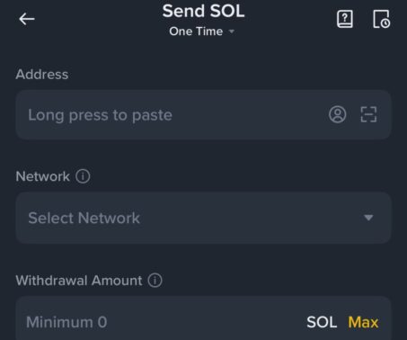 binance sol withdrawal screen showing address field, network selection, and minimum withdrawal amount