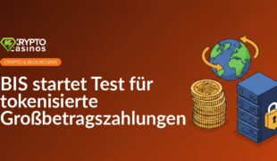 Globus mit verbindenden Pfeilen, Stapel digitaler Zahlungstoken mit Schaltkreis-Muster, sicherer Serverturm im Hintergrund