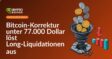 Bitcoin-Preisdiagramm mit fallendem Kurs unter 77.000 Dollar und markierten Long-Liquidationen in Rot auf dunklem Hintergrund