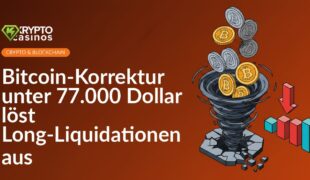 Bitcoin-Preisdiagramm mit fallendem Kurs unter 77.000 Dollar und markierten Long-Liquidationen in Rot auf dunklem Hintergrund