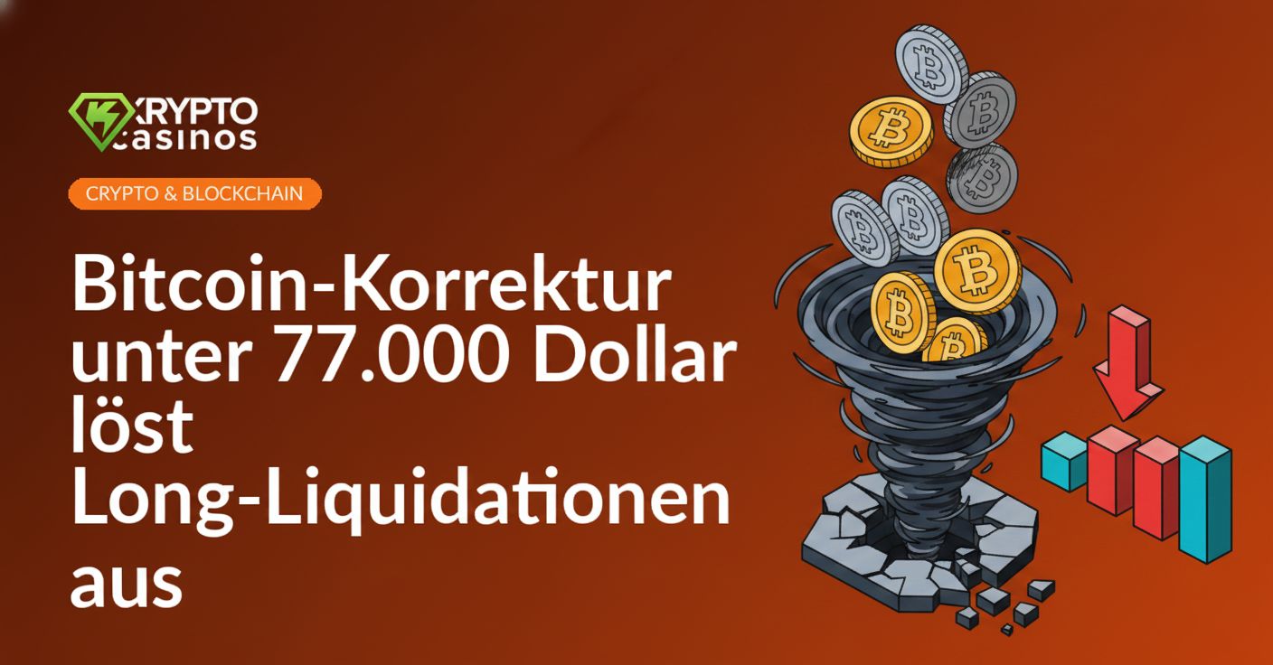 Bitcoin-Preisdiagramm mit fallendem Kurs unter 77.000 Dollar und markierten Long-Liquidationen in Rot auf dunklem Hintergrund