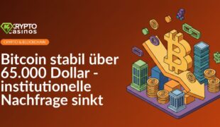 Bitcoin-Symbol vor fallendem Diagramm mit roten und grünen Kerzen, Zahlen im Hintergrund, dunkelblauer Farbverlauf.