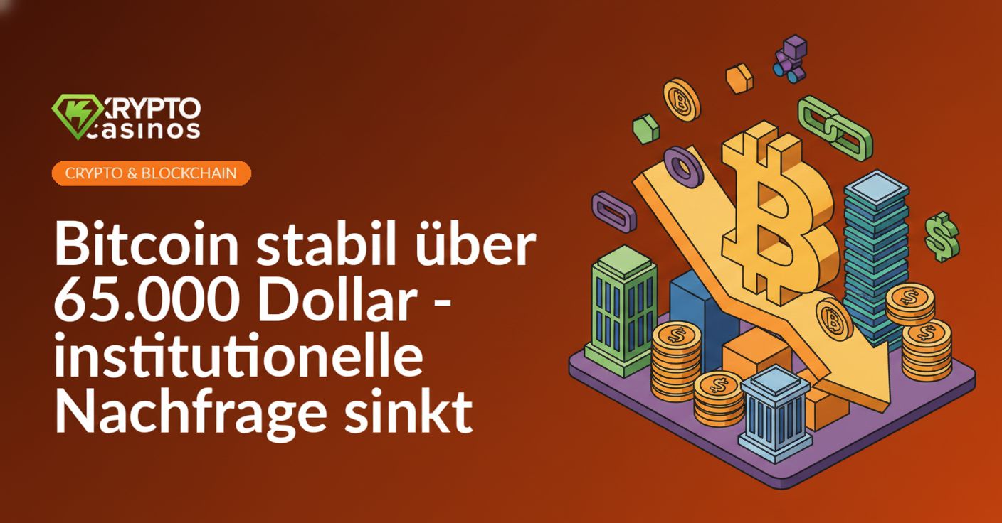 Bitcoin-Symbol vor fallendem Diagramm mit roten und grünen Kerzen, Zahlen im Hintergrund, dunkelblauer Farbverlauf.