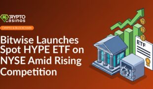 Stock exchange building with an ETF certificate, rising bar chart, and stacked coins entering a vault.