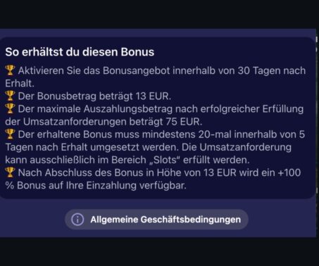 Das Bild zeigt die AGBs eines Casino Bonus ohne Einzahlung