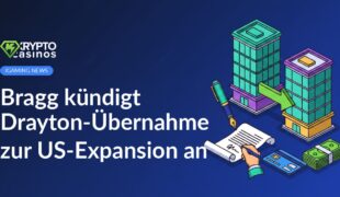 Zwei Bürogebäude verbunden durch großen Pfeil, unterschriebener Vertrag mit Stift, Prepaid-Karte mit Geldscheinen.