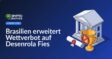 Regierungsgebäude mit Säulen, Schriftrolle mit Siegel und Trophäe hinter rotem Verbotsschild.
