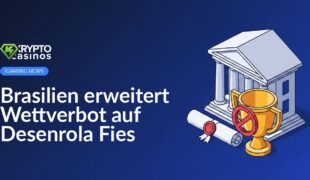 Regierungsgebäude mit Säulen, Schriftrolle mit Siegel und Trophäe hinter rotem Verbotsschild.