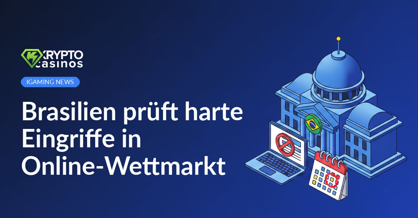 Regierungsgebäude mit brasilianischem Wappen, Laptop mit Verbotssymbol, Kalenderblatt mit rotem Kreis markiert.