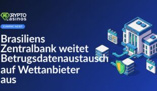 Zentralbankgebäude mit verbundenen Datenbanken, Pfeilen, Schild und Kalender vor blauem Hintergrund.