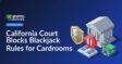Courthouse building behind a large pause button over a rulebook, with a shield protecting a small cardroom building.