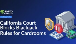 Courthouse building behind a large pause button over a rulebook, with a shield protecting a small cardroom building.