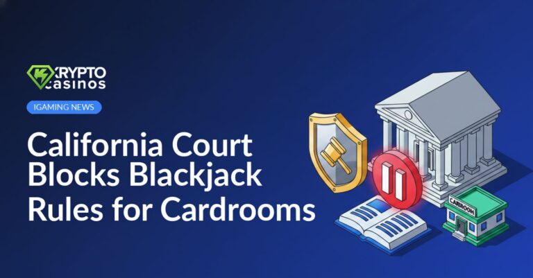 Courthouse building behind a large pause button over a rulebook, with a shield protecting a small cardroom building.