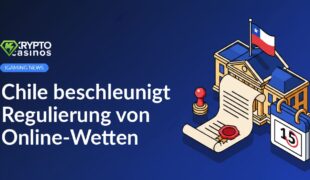 Regierungsgebäude mit chilenischer Flagge, rechts ein mit Siegel versehendes Dokument und ein Kalender mit markiertem Datum.