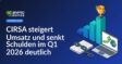 Aufsteigendes Balkendiagramm mit Pokal, zerbrochene Kette auf Dokumentenstapel, Laptop mit Wachstums- und Globussymbol.