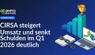 Aufsteigendes Balkendiagramm mit Pokal, zerbrochene Kette auf Dokumentenstapel, Laptop mit Wachstums- und Globussymbol.