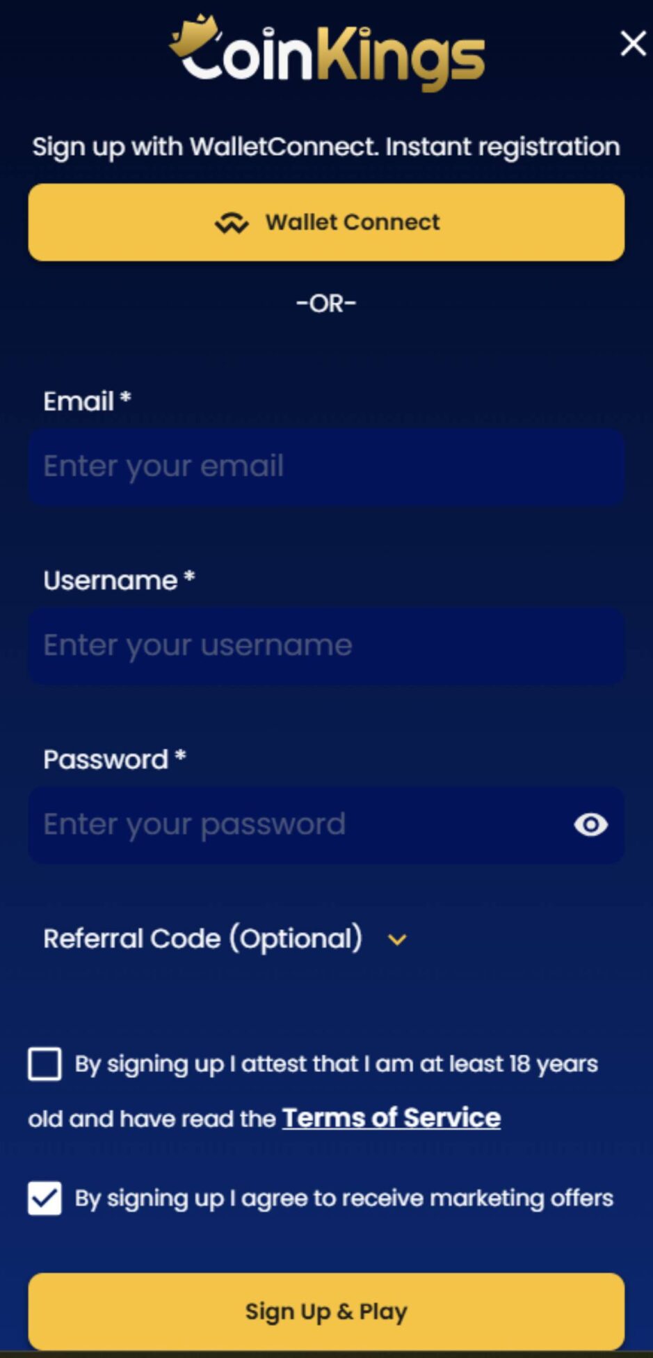 screenshot of sign up options at CoinKings casino: registration via wallet connect or email