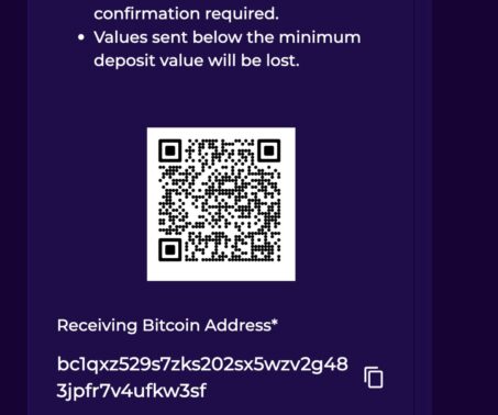 crashino casino deposit screen showing bitcoin deposit qr code and receiving address