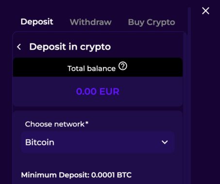 crashino casino deposit screen showing total balance, bitcoin network selection and minimum deposit amount