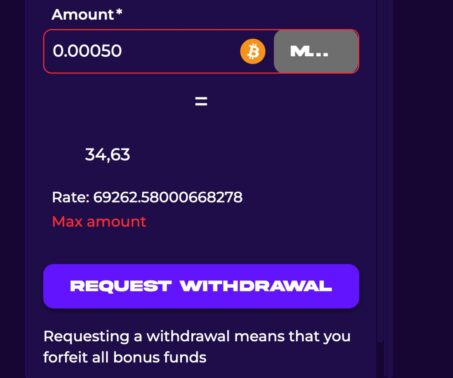 crashino casino bitcoin withdrawal screen showing amount entry, conversion rate, max amount, and request withdrawal button