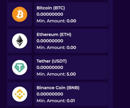 crashino casino deposit screen showing bitcoin, ethereum, and tether coin selection with available balances and minimum deposit amounts