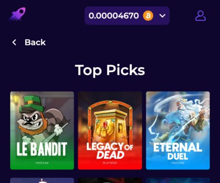 crashino casino top slot games picks showing le bandit, legacy of dead and eternal duel