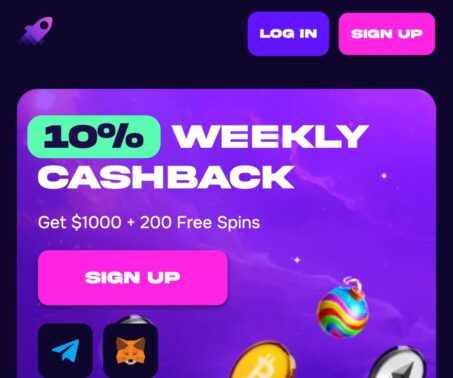 crashino casino homepage offering 10% weekly cashback, $1000 bonus, and 200 free spins