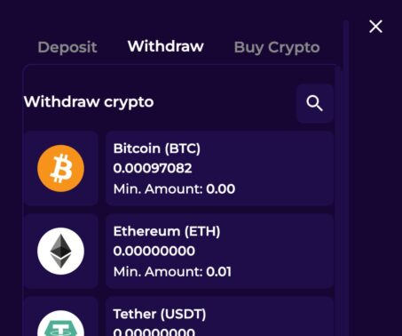 crashino casino withdrawal screen showing bitcoin, ethereum, and tether coin selection with available balances and minimum withdrawal amounts